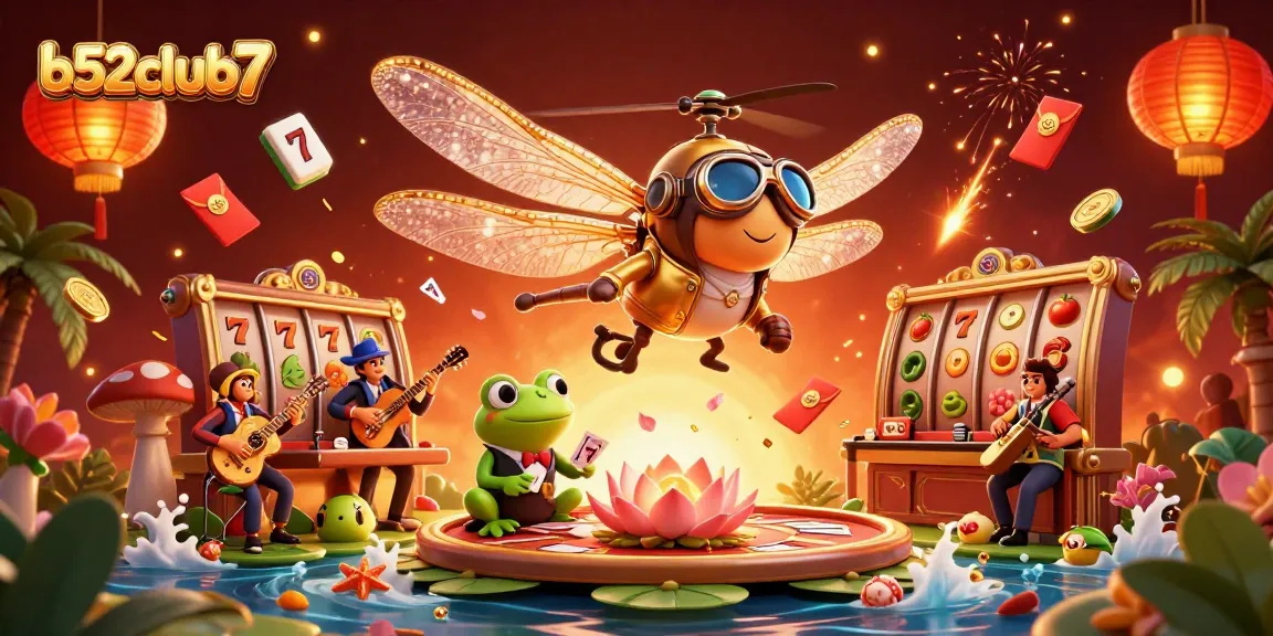 Experience the vibrant casino atmosphere at b52club7 with thrilling slot reels and energetic characters.
