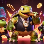 Engaging world cup sports betting scene with a cartoon turtle and bullfrog enforcers amidst vibrant elements.