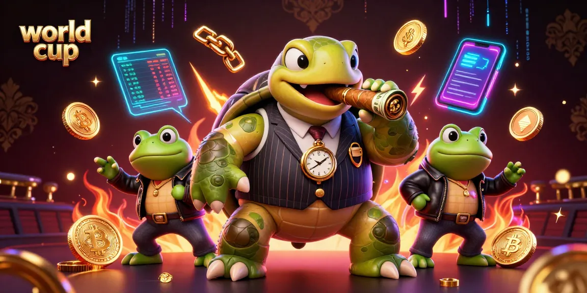 Engaging world cup sports betting scene with a cartoon turtle and bullfrog enforcers amidst vibrant elements.