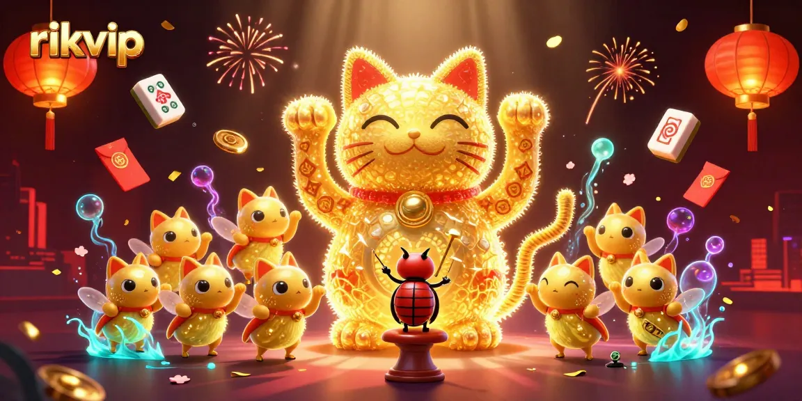 Win big at rikvip with a vibrant illustration featuring lucky symbols and a giant waving cat.