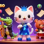 Bongdaso showcases a vibrant casino scene with a jazz-singer cat and dynamic gaming elements.