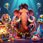 Experience an exciting casino scene as the ldj bouncer checks IDs, surrounded by vibrant slot reels, gold coins, and bioluminescent treasures.