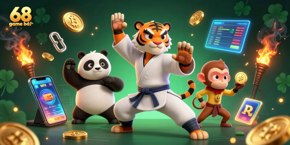 Experience 68 game bài in a vibrant, engaging casino scene filled with 3D characters and currency elements.