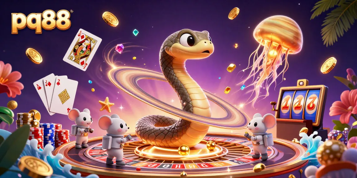 Experience thrilling gameplay with pq88's vivid casino scene featuring cosmic characters and vibrant symbols.
