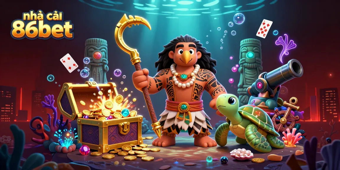 Experience the thrill at nhà cái 86bet with a vibrant underwater casino scene featuring a demigod