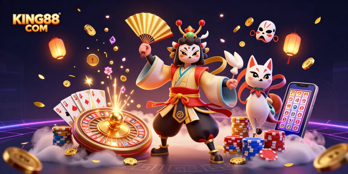 Experience the excitement of gaming at KING88 COM with vibrant characters, golden coins, and thrilling casino elements.