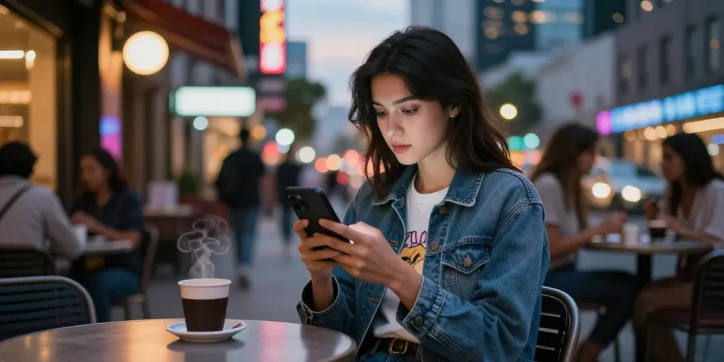 Young woman engaging with an AI NSFW chat platform at a vibrant café, highlighting tech in urban nightlife.