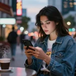 Young woman engaging with an AI NSFW chat platform at a vibrant café, highlighting tech in urban nightlife.