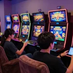 Situs slot deposit 10 ribu gaming experience with diverse players enjoying vibrant slot machines.