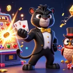 Experience thrilling gameplay at Sunwin with a stylish cartoon casino scene featuring a tuxedo panther, poker owl, and lucky mouse.