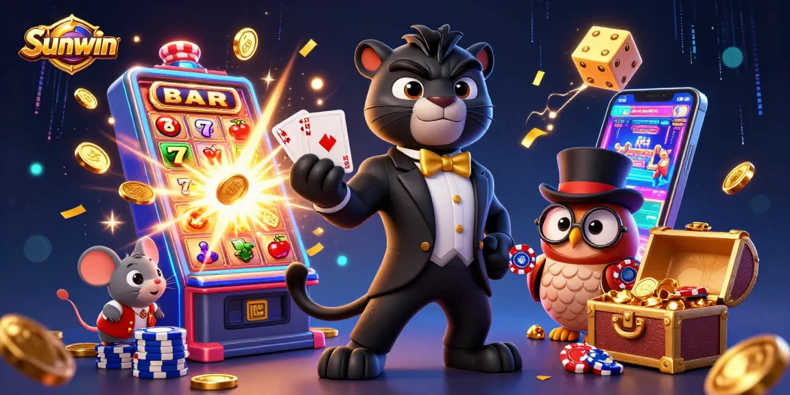 Experience thrilling gameplay at Sunwin with a stylish cartoon casino scene featuring a tuxedo panther, poker owl, and lucky mouse.
