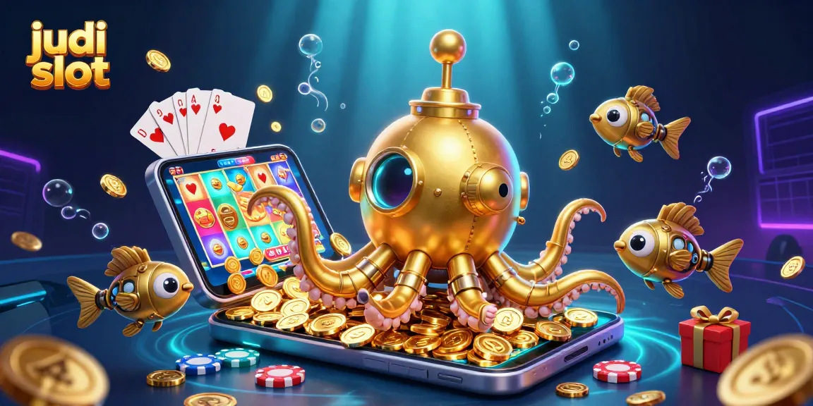 Experience judi slot with vibrant golden kraken submarine amidst coins, spinning reels, and exciting casino elements.