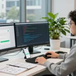 Developer in modern tech office showcasing WhatsApp下載 interface on dual monitors, reflecting innovation in software development.