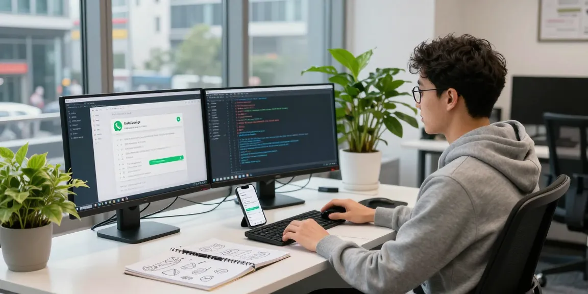 Developer in modern tech office showcasing WhatsApp下載 interface on dual monitors, reflecting innovation in software development.