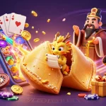 Engaging scene showcasing nhà cái fo88 with a golden fortune cookie and casino elements inviting players to explore lucrative gaming.