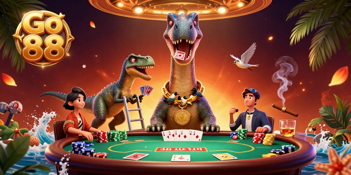 Engage with Go 88 at a thrilling poker game, featuring vibrant characters and a dynamic scene.
