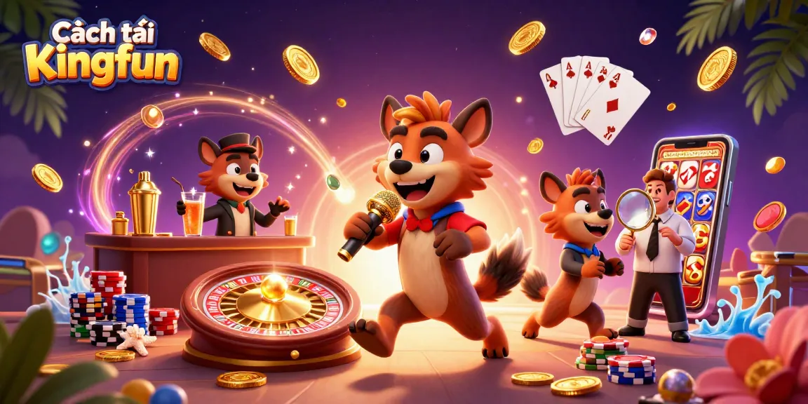 Cách tải Kingfun - Experience the thrill of downloading the Kingfun app with vibrant casino elements and exciting character interaction.