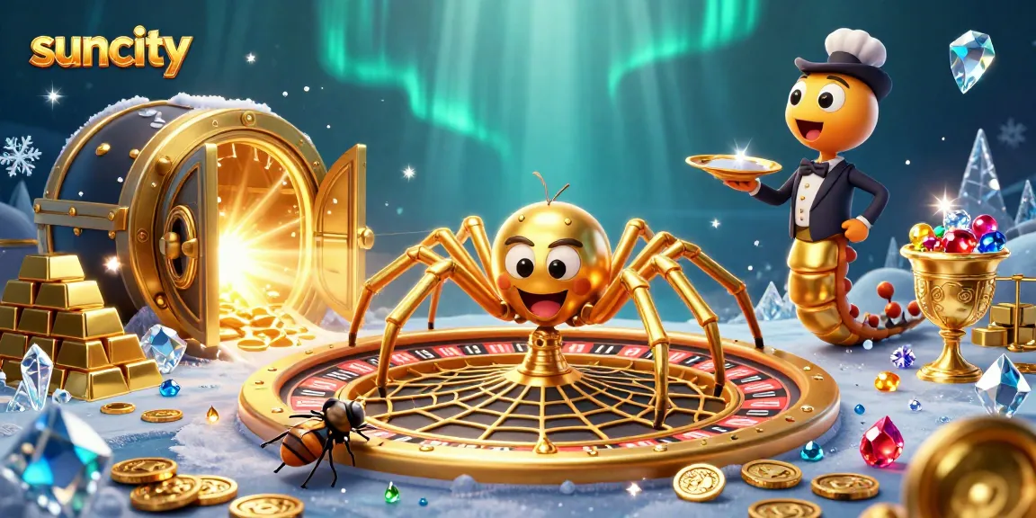 Experience exciting bets and games at Suncity Casino with a vibrant 3D illustration of action.