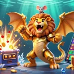 Soi Kèo bóng đá showcases a golden chimera and mouse jockey amid bursting slot machines and vibrant casino elements.