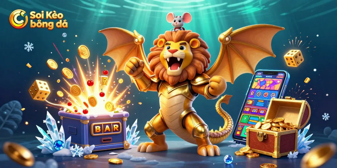 Soi Kèo bóng đá showcases a golden chimera and mouse jockey amid bursting slot machines and vibrant casino elements.
