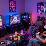 Group enjoying a thrilling hentai game in a vibrant gaming lounge filled with anime decor and snacks.