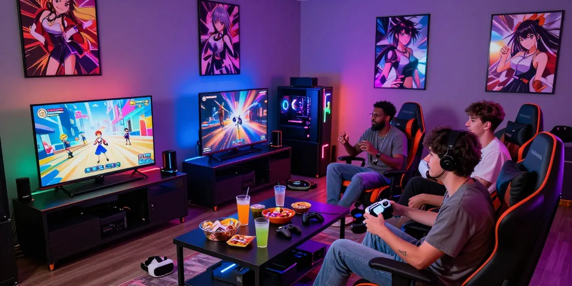 Group enjoying a thrilling hentai game in a vibrant gaming lounge filled with anime decor and snacks.