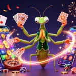 Experience haywin with vibrant casino elements featuring a giant praying mantis and ladybug pit boss.