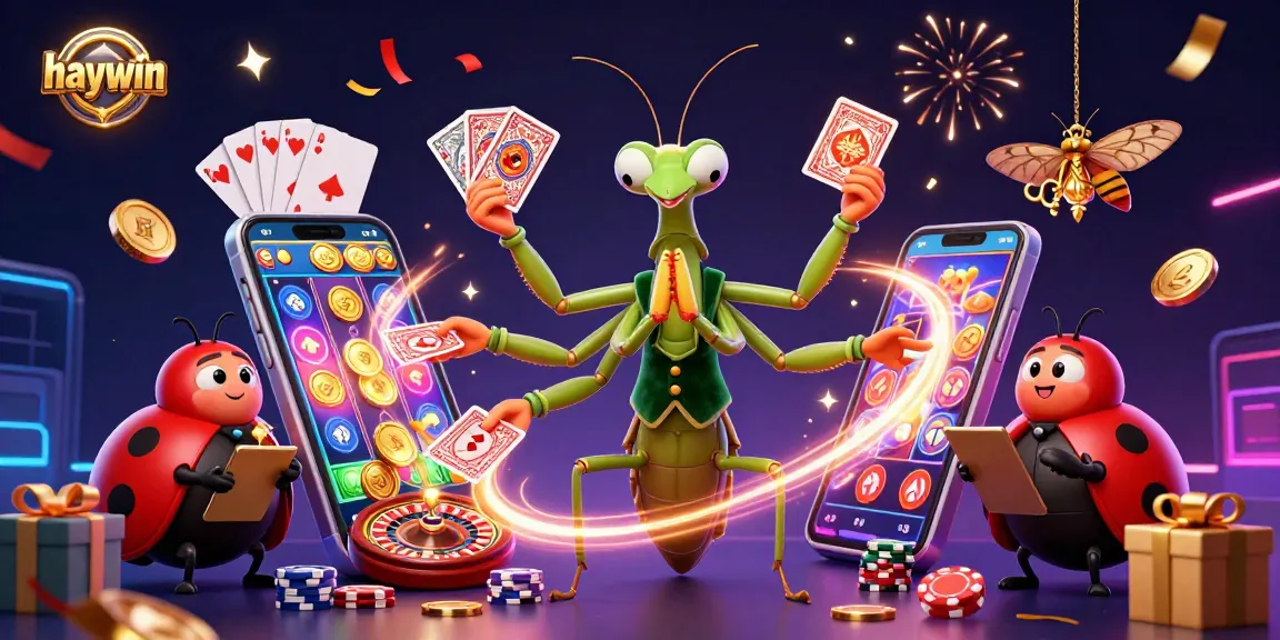 Experience haywin with vibrant casino elements featuring a giant praying mantis and ladybug pit boss.