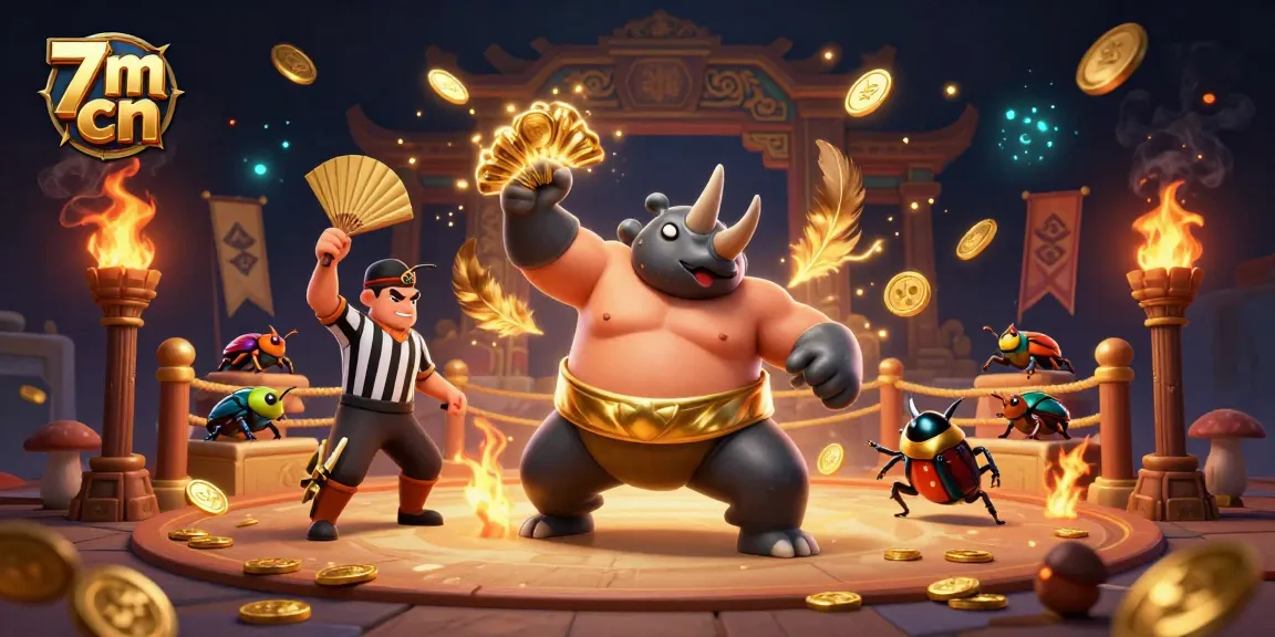 The 7m cn dynamic scene shows a sumo-champion beetle and cricket referee in a vibrant, engaging atmosphere.