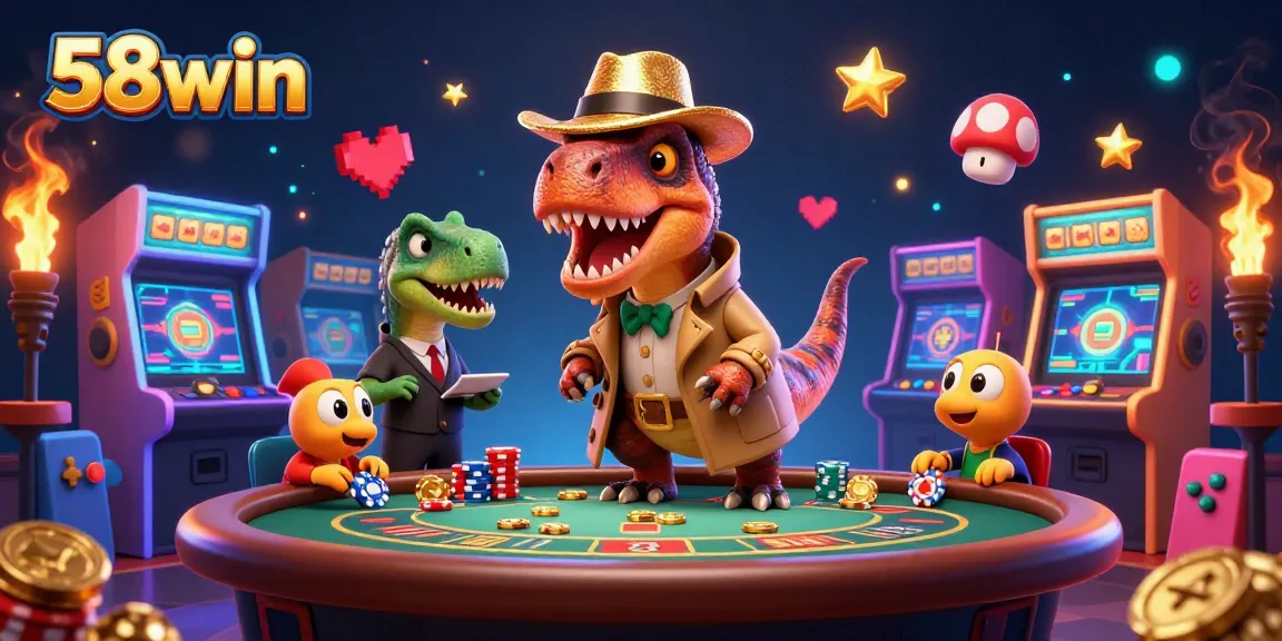 Experience thrilling gameplay with 58win in a bustling 3D casino scene featuring playful dinosaurs.