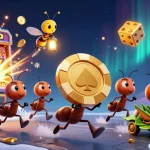 Experience nn88 excitement as cartoon ants heist a golden poker chip in vibrant casino scene.