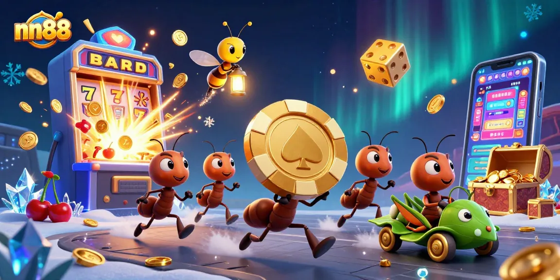 Experience nn88 excitement as cartoon ants heist a golden poker chip in vibrant casino scene.