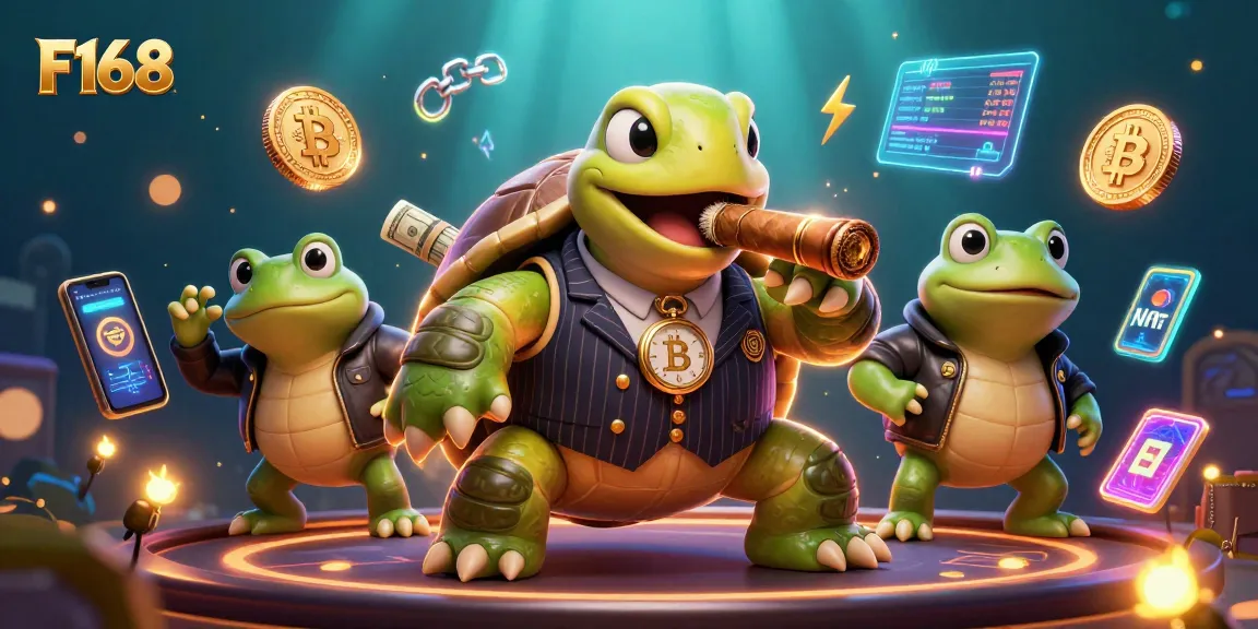 Experience the thrill of F168 with a vibrant casino scene featuring characters and cryptocurrency elements.