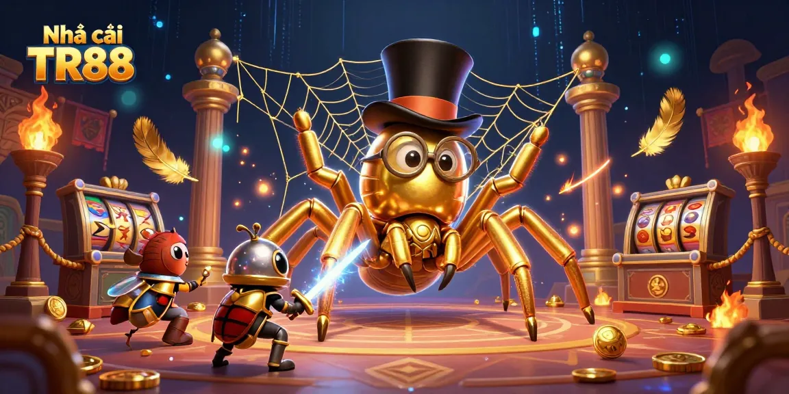 Engaging action at Nhà cái TR88 with a golden tarantula and beetle knight in a dynamic casino setting.