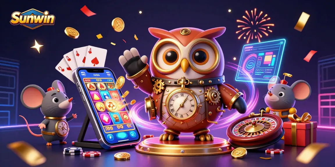 Experience thrilling games at Sunwin with an enchanting 3D illustration featuring vibrant casino elements.