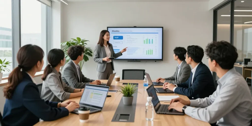 Team discussing business phone solutions in a modern corporate office, showcasing collaboration and technology for effective communication.