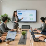 Team discussing business phone solutions in a modern corporate office, showcasing collaboration and technology for effective communication.