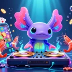 Permainan link slot dengan ilustrasi DJ axolotl neon dan elemen kasino yang semarak.