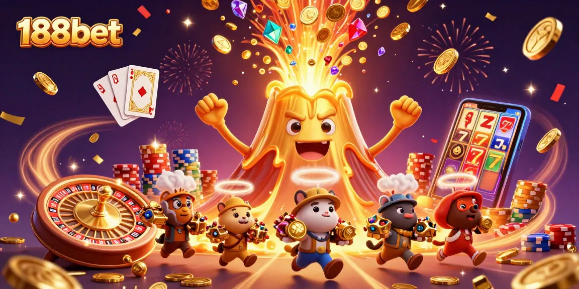 Experience the thrill of 188bet as golden treasures erupt from a majestic volcano in this vivid casino scene.