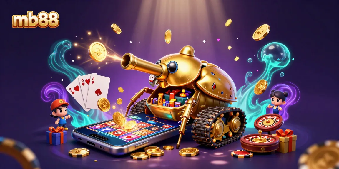 Enjoy fantastic winnings at mb88 with a vibrant casino scene featuring gold coins and slot reels!