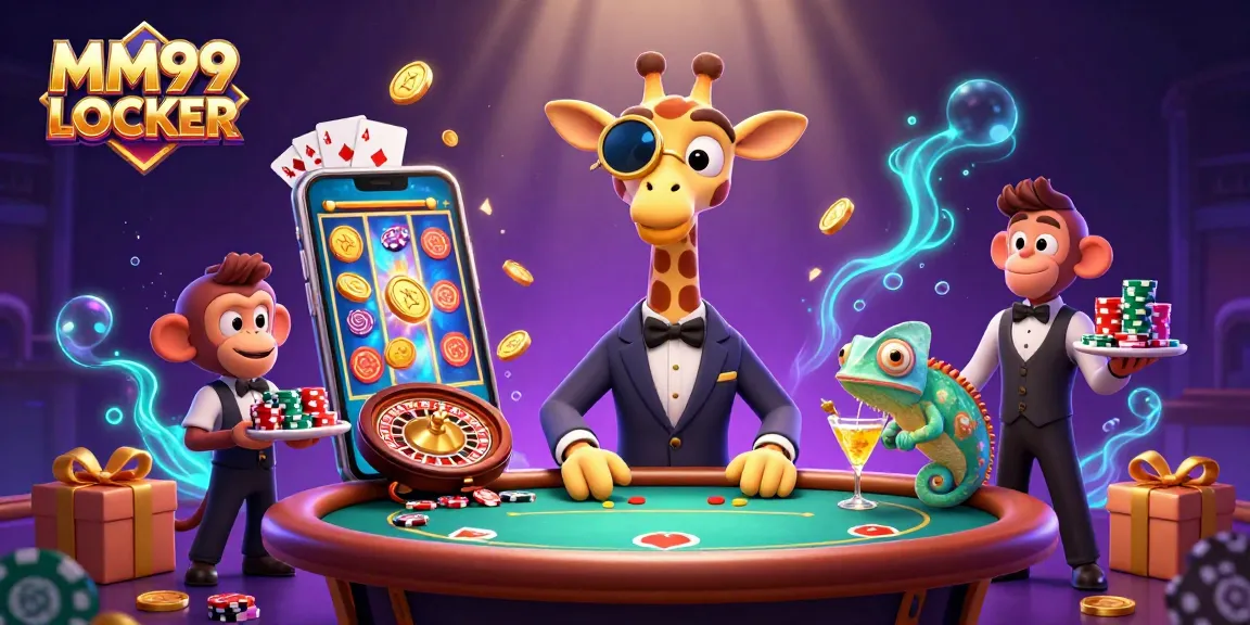 Engage with MM99 LOCKER in a lively casino scene featuring a high-roller giraffe and dynamic game elements.