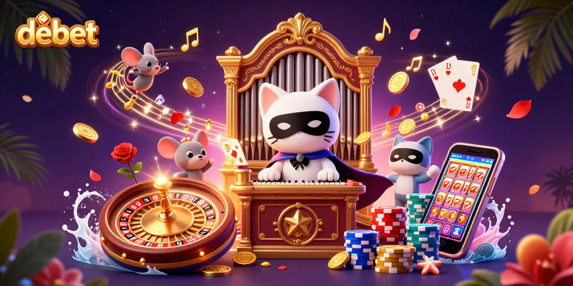 Experience gaming excitement at debet with a mythical scene of a white cat at a casino organ, surrounded by sparkling elements.