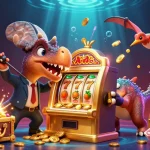 Experience the thrill of casino winnings with lc88app as animated characters interact with a jackpot slot machine.