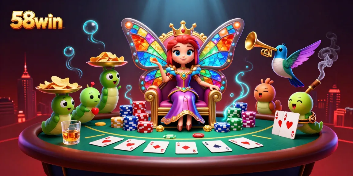 Experience thrilling poker action with 58win's vibrant casino scene featuring a butterfly queen and dynamic elements.