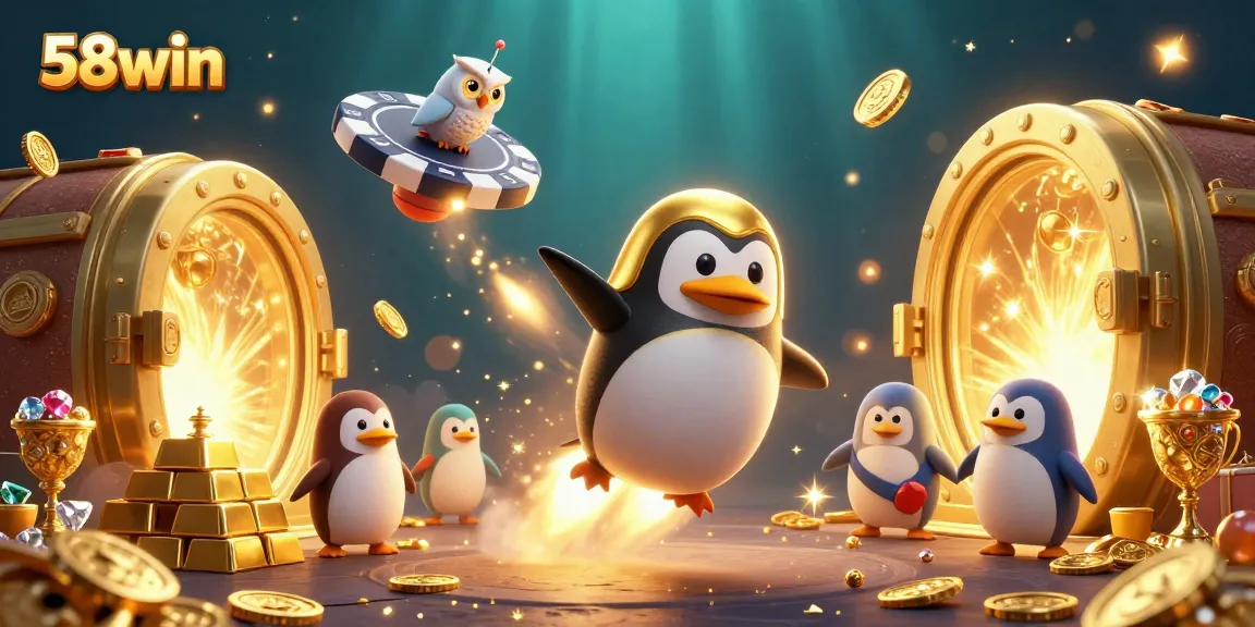 Experience thrilling gaming with 58win, featuring a golden penguin and treasure in an exciting casino-themed scene.