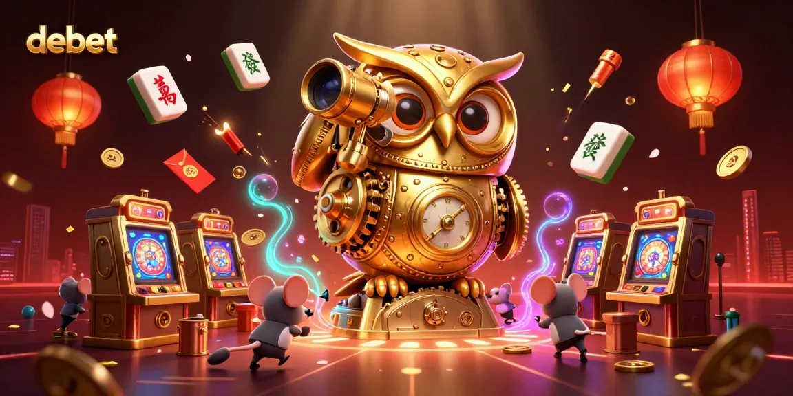 Experience debet in a vibrant casino scene with a golden owl and mouse patrons among colorful gaming symbols.