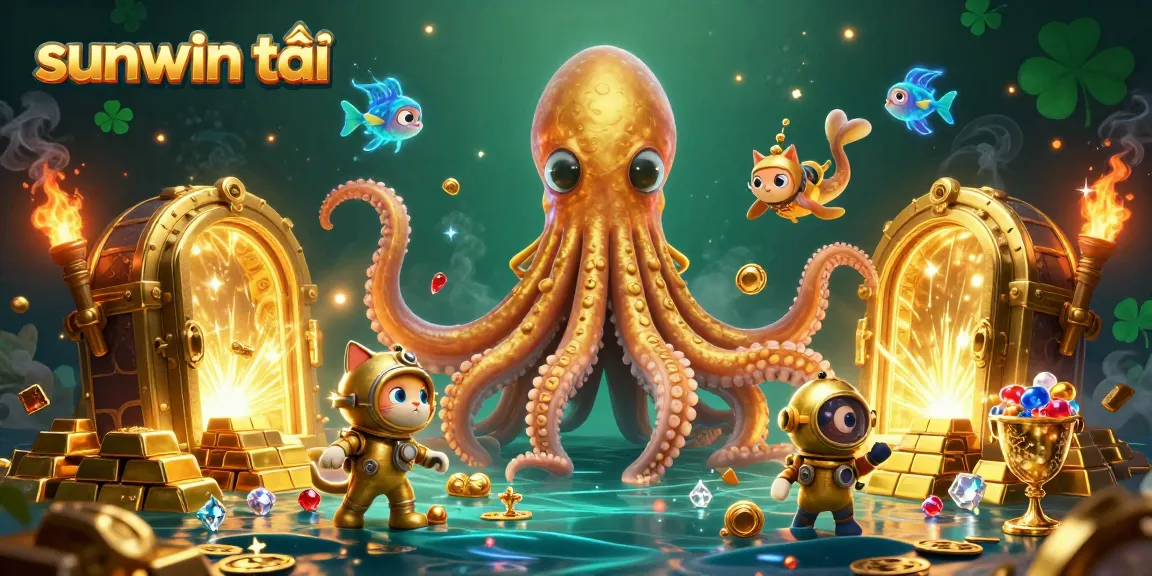 Engage in sunwin tải adventures with a kraken, treasure, and diving cat in this vivid 3D illustration.