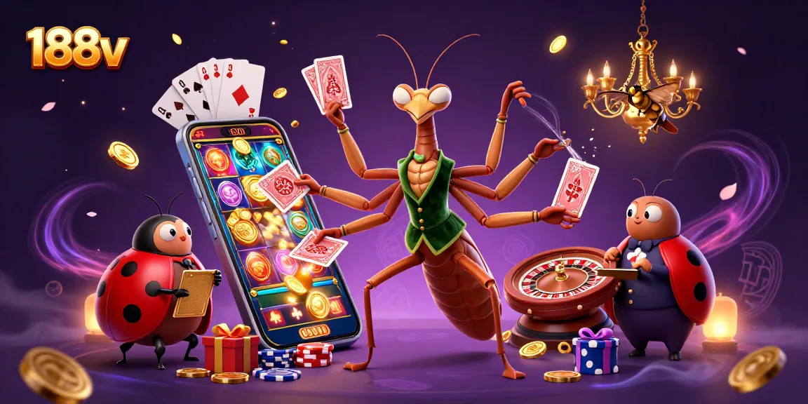 Experience thrilling entertainment with 188v's vibrant casino scene featuring a praying mantis dealer.
