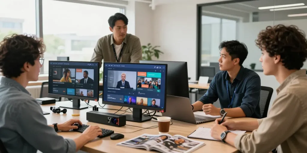 Smart IPTV trusted provider discussing local services in the office.