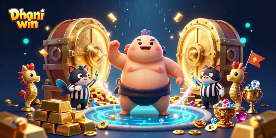 Dhani win captures casino excitement with colorful fugu and treasures in an animated underwater scene.